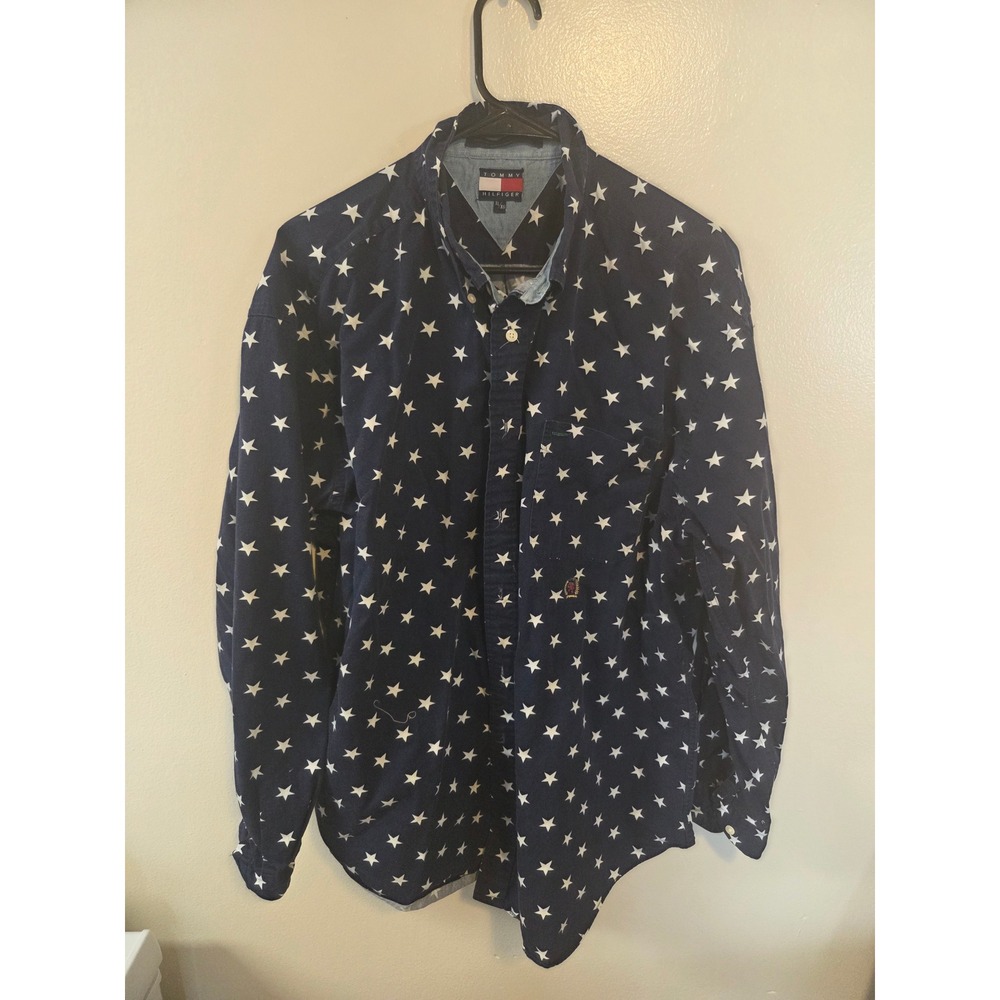 Tommy Hilfiger Mens XL Blue Star Print Button Down Shirt Long Sleeve Cotton